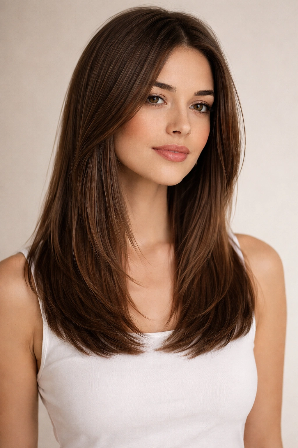 One-length haircut with subtle hidden layers creating movement