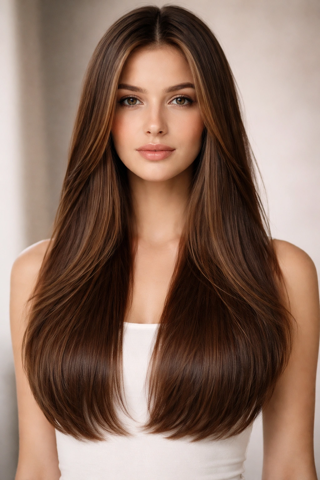 Portrait of long hair with hidden interior layers suggested by subtle lift