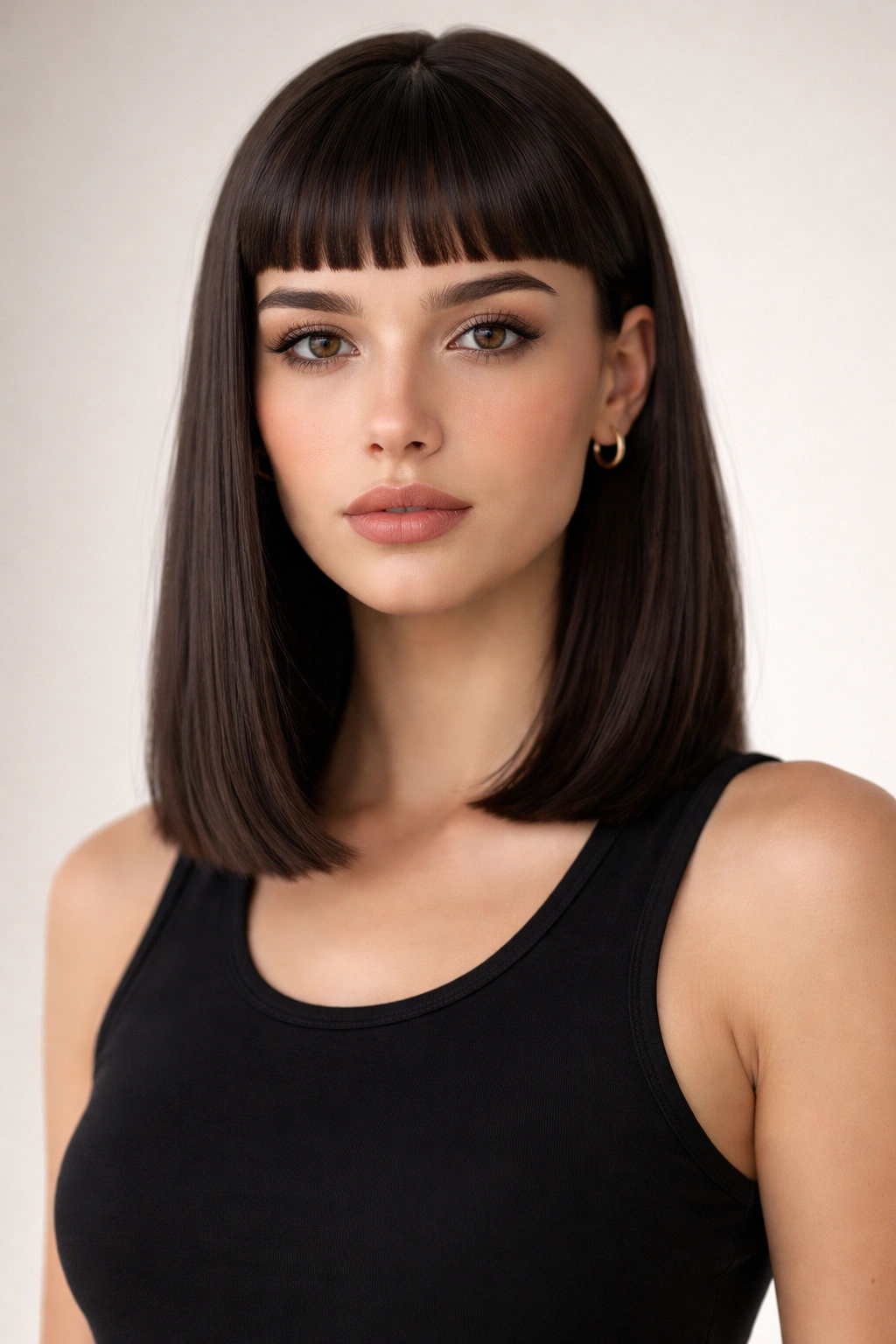 Close-up of a person with a one-length medium cut and micro bangs.
