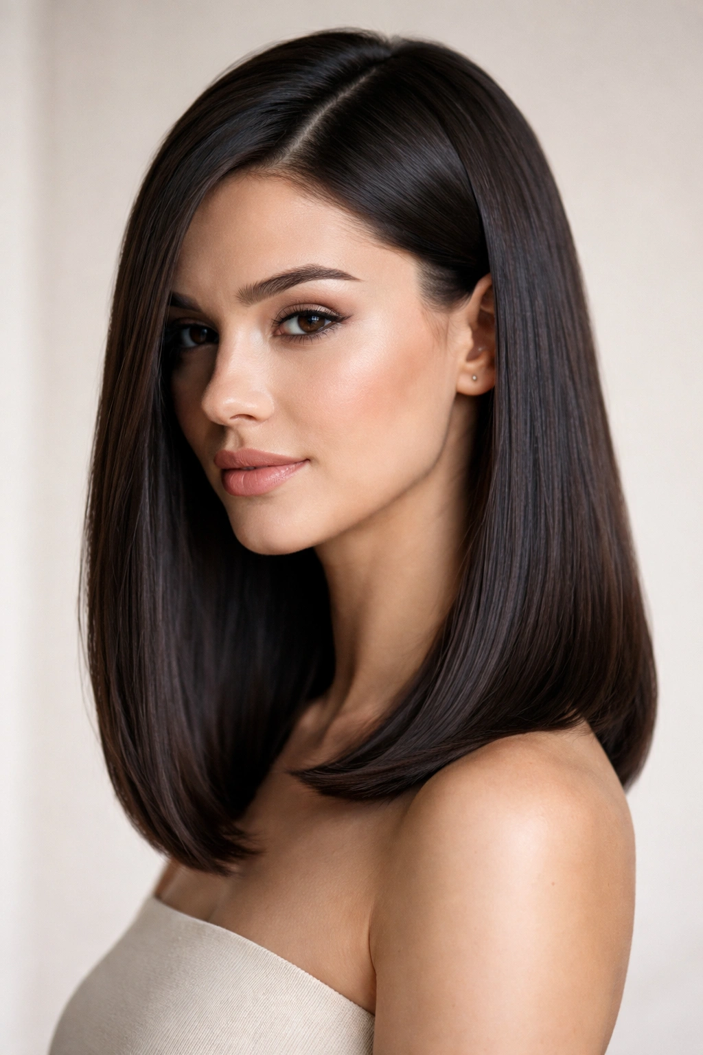 Close-up of a model with shoulder-length sleek hair and a deep side part