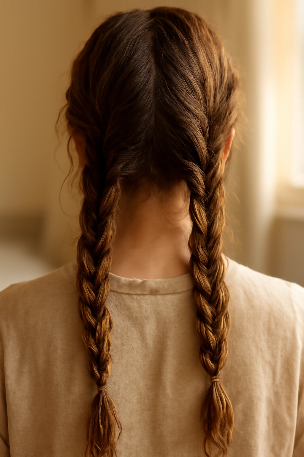 Close-up of damp hair in loose three-strand braids for effortless waves