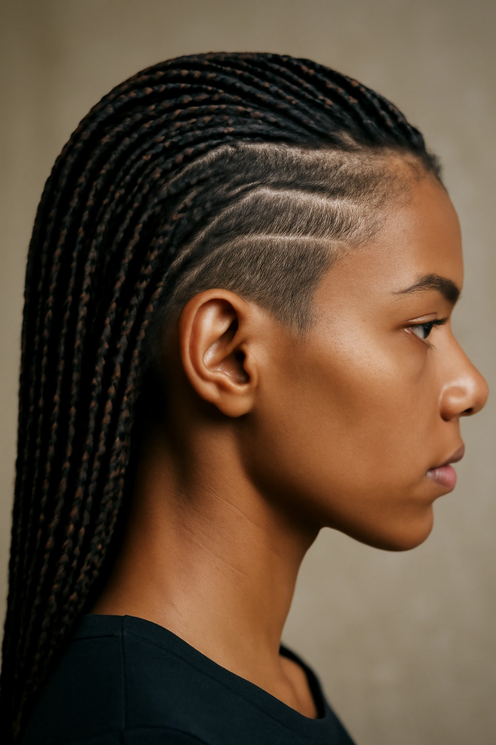 Side-profile close-up of Parted Side Micros with Undercut Design showing deep side part and shaved undercut.