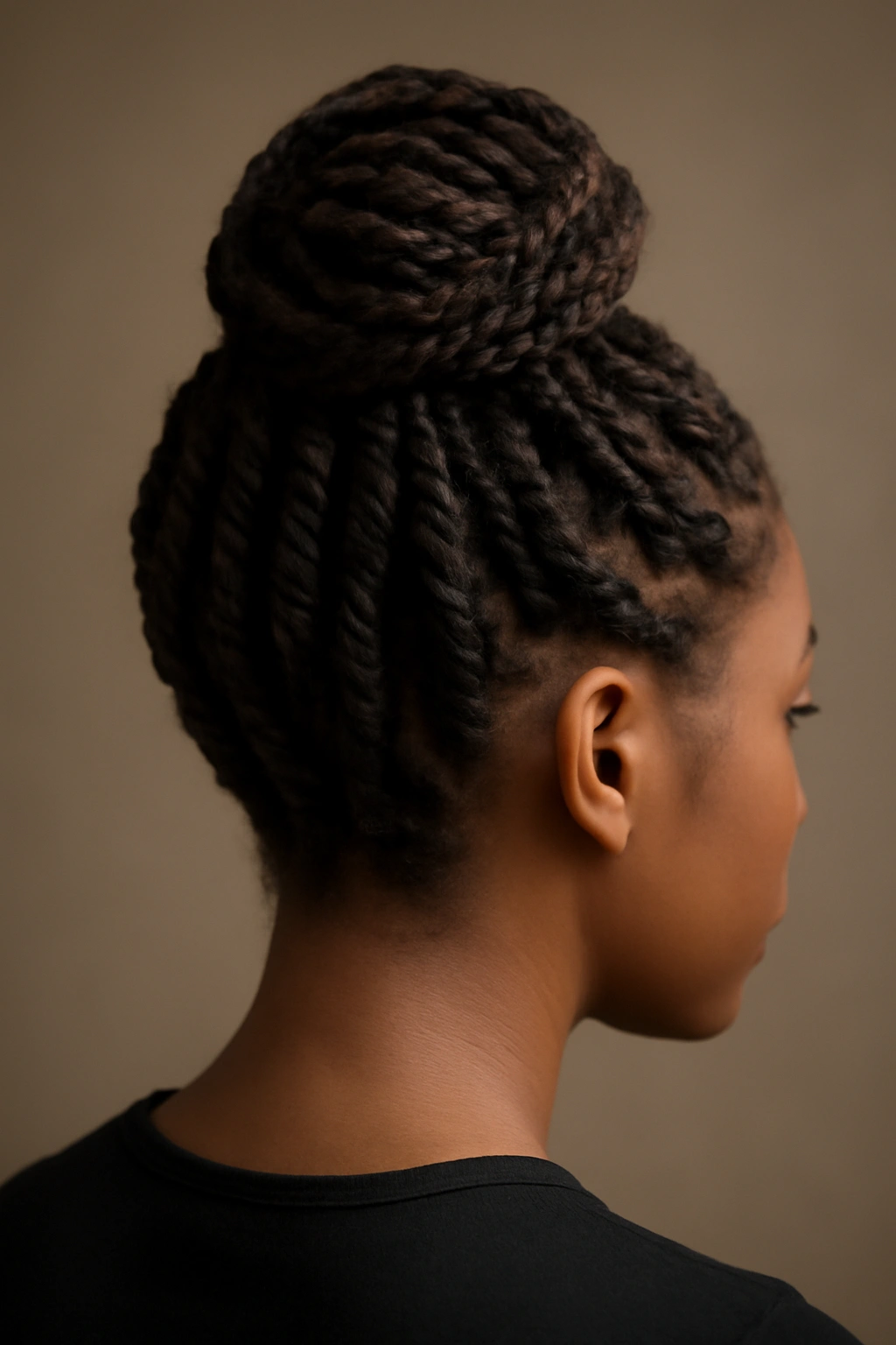 Elegant bun updo of passion twists with polished silhouette