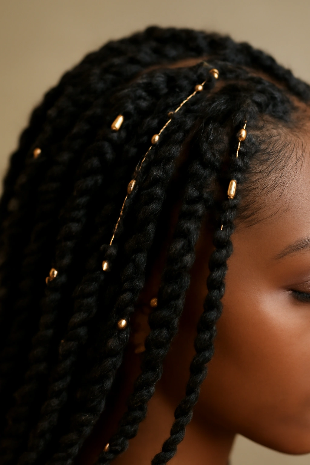 Close-up of passion twists with beads around the crown area