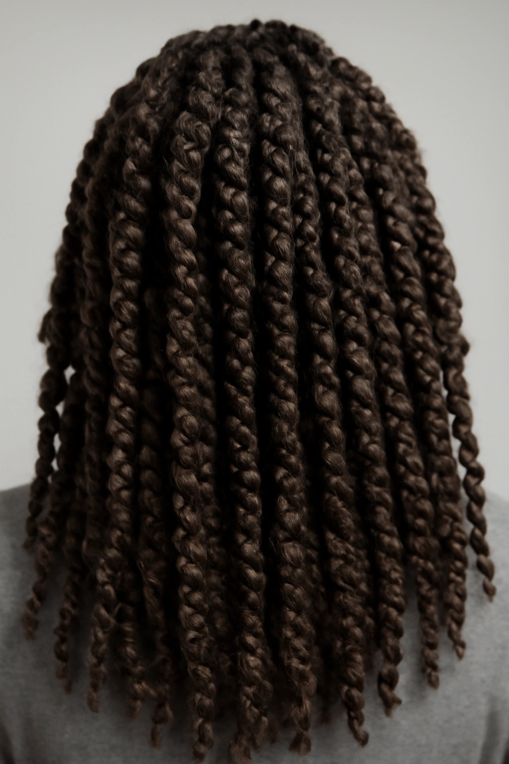 Close-up of passion twists with extensions on coily hair, vine-like texture