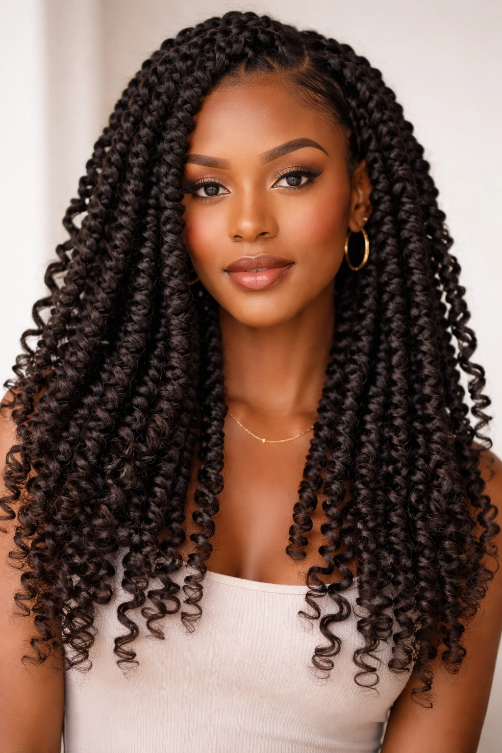 Front view of a person wearing passion twists showing soft, voluminous texture