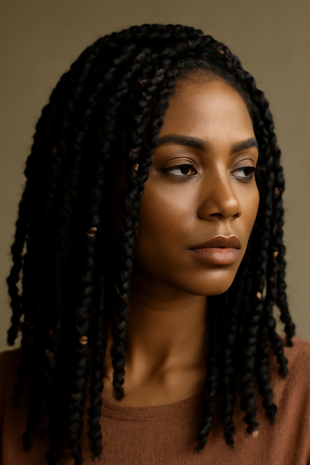 Close-up of passion twists hairstyle with varied thickness and subtle beads