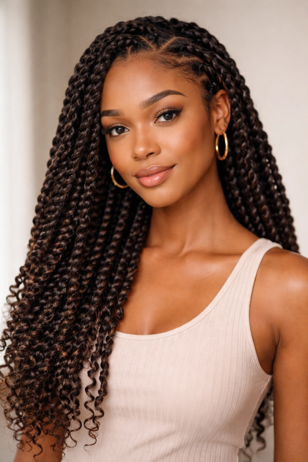 Close-up of a person wearing passion twists with Marley hair in a lightweight protective style