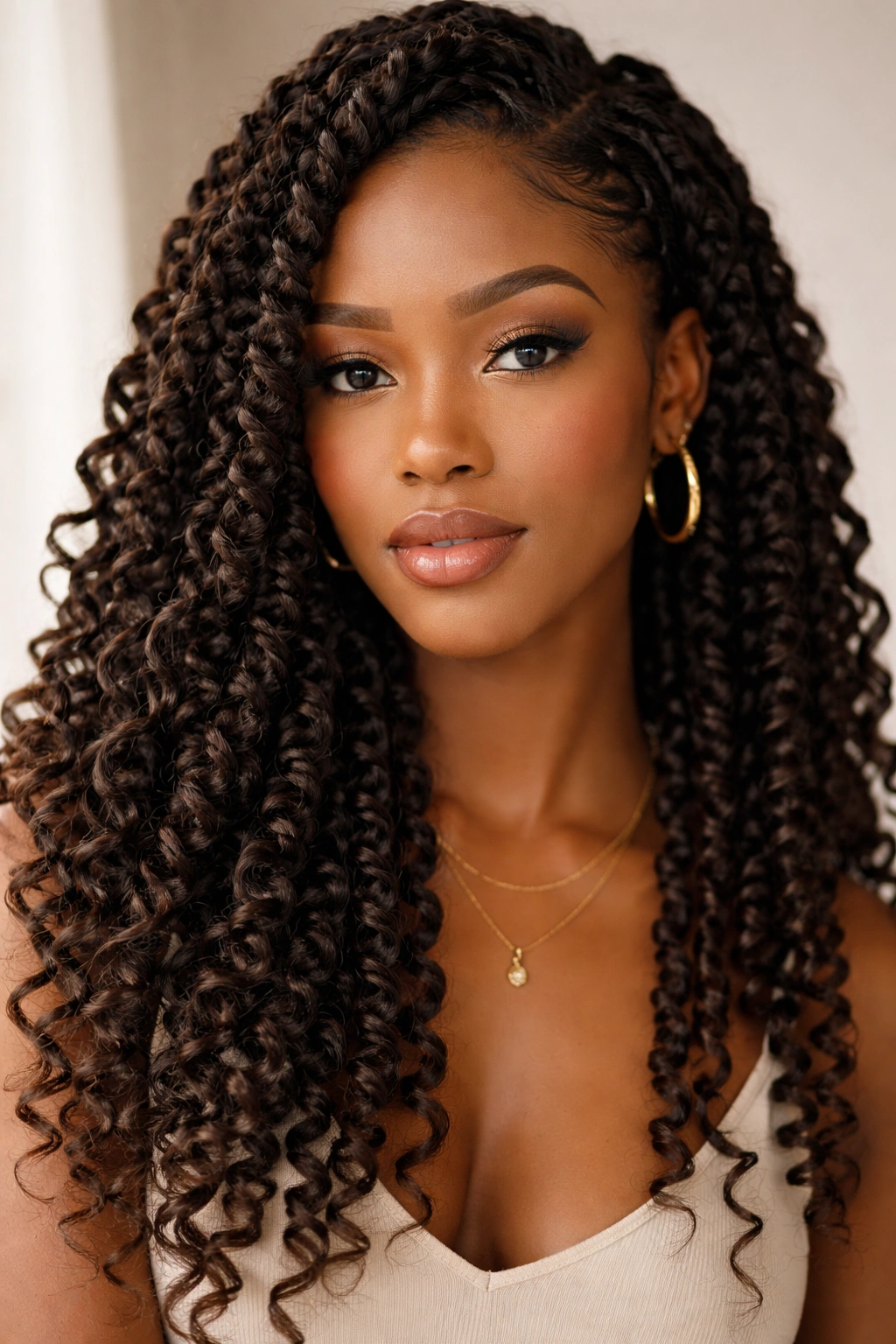 Close-up of a Black woman with soft passion twists framing the face