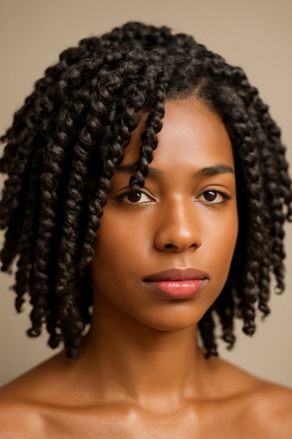 Close-up of passion twists with bouncy texture on short hair in studio.