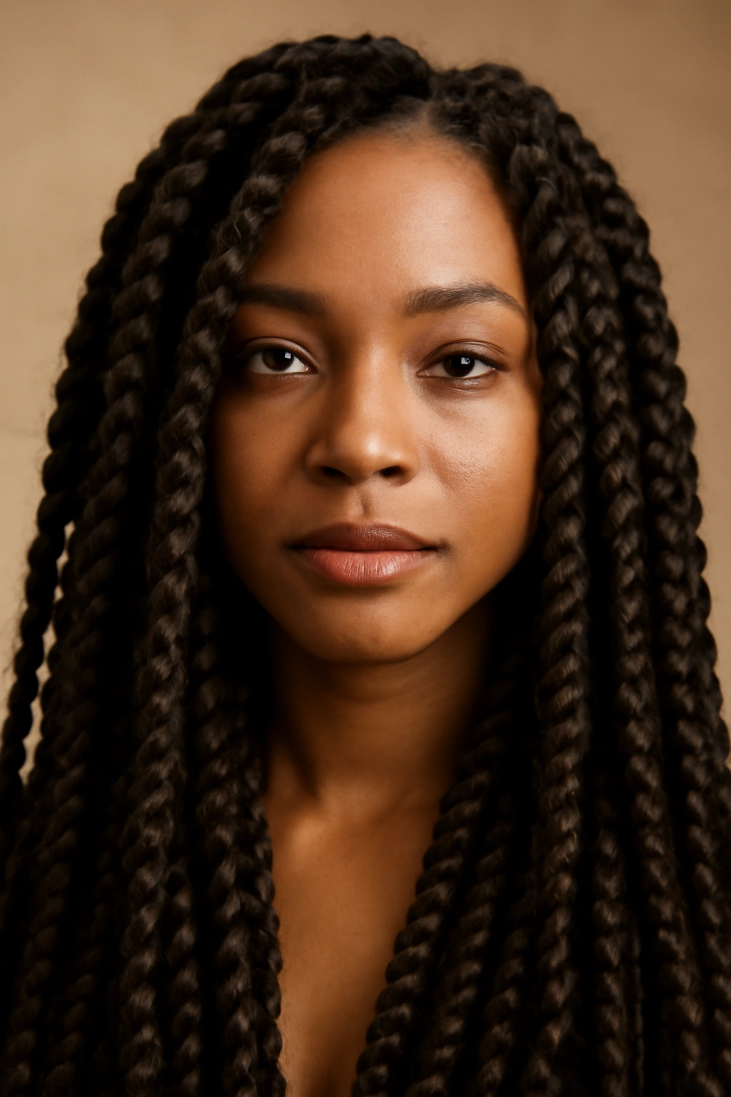 Close-up of chunky passion twists showing textured, protective twists.