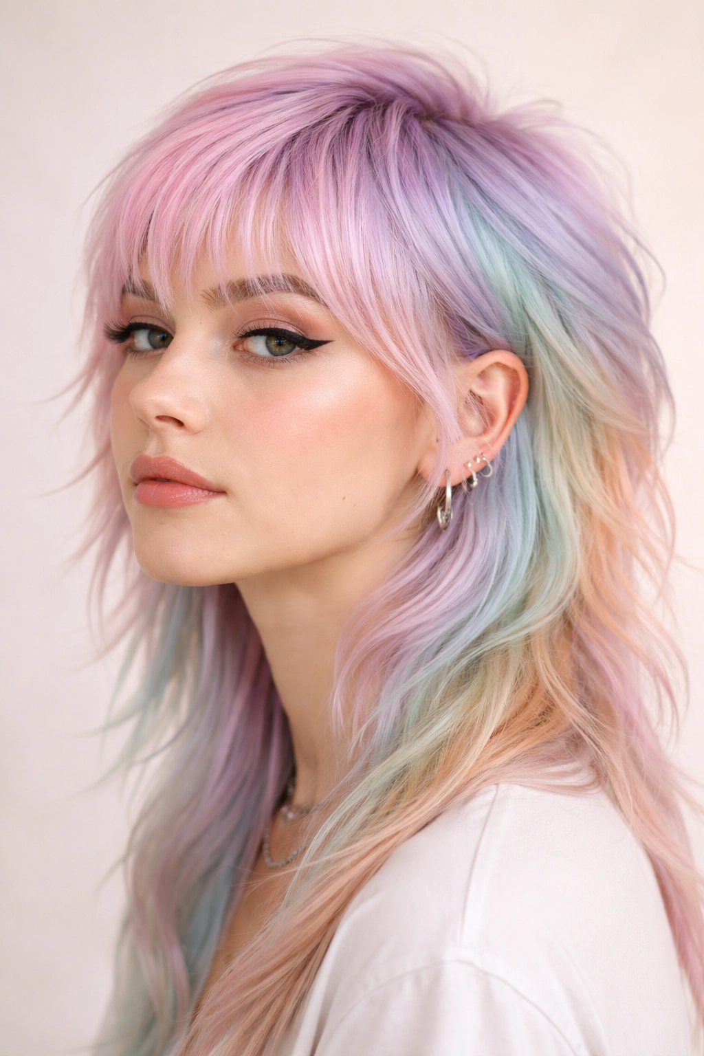 Pastel rainbow mullet with soft color transitions