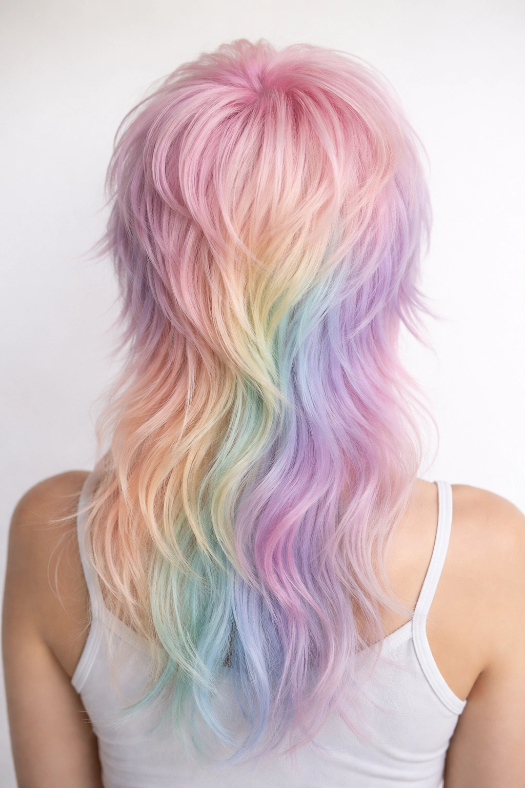 Back view of mullet with pastel rainbow cascade colors