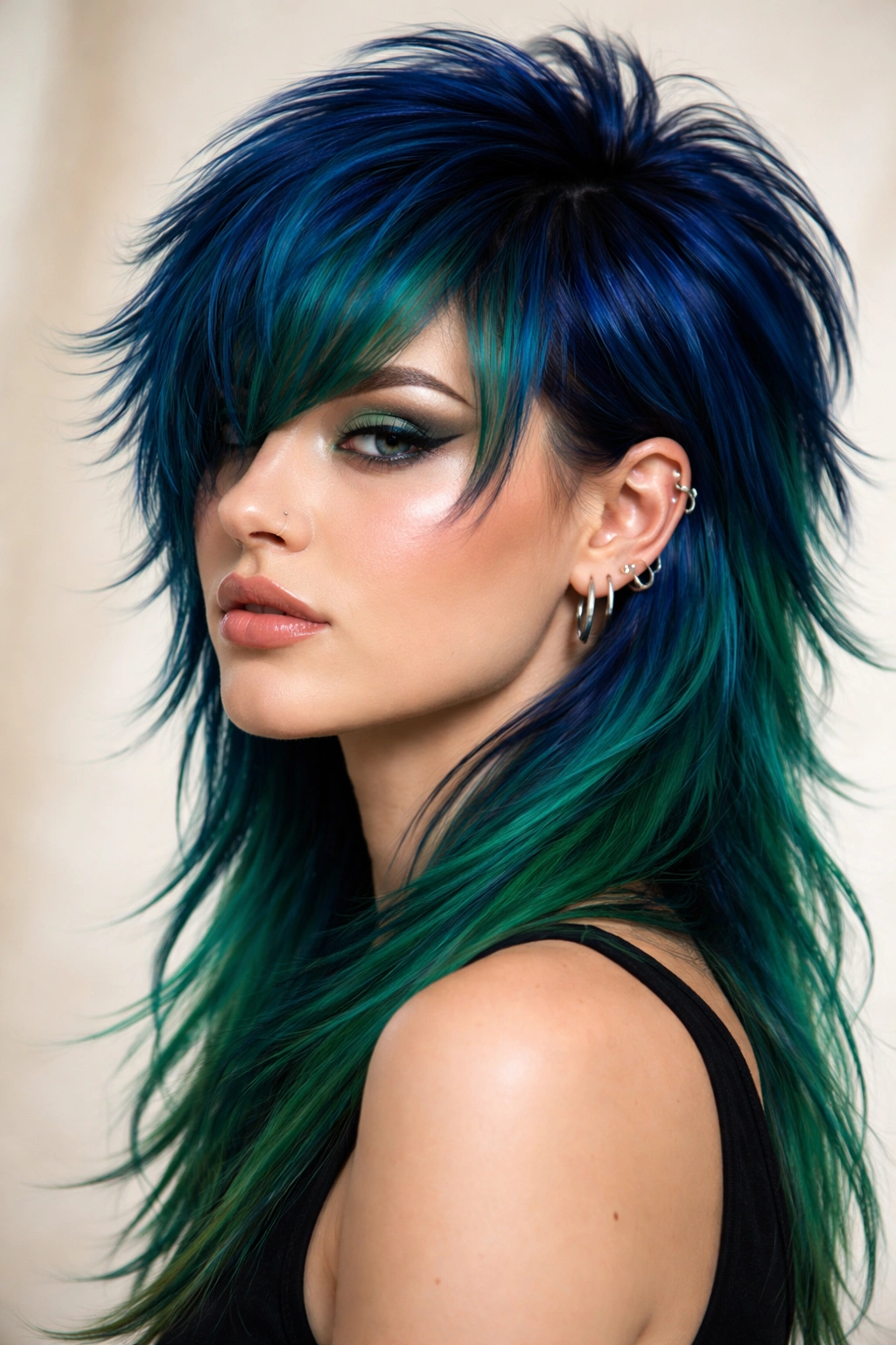 Close-up of peacock blue and emerald mullet with rich jewel tones