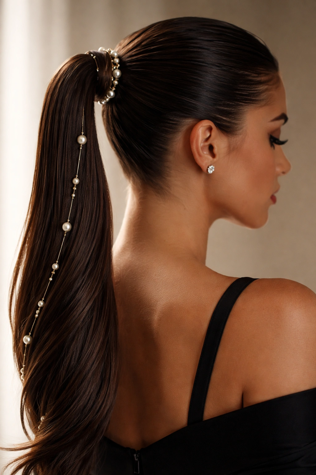 Slicked ponytail featuring pearl and metallic hair accessories.