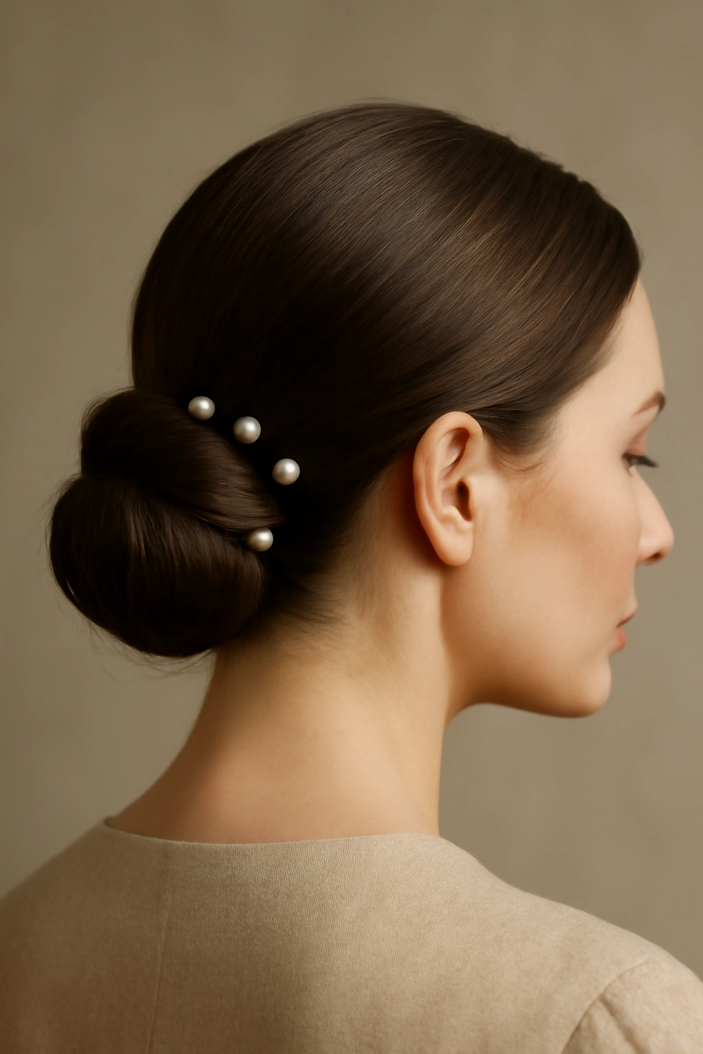 Sleek chignon at the nape with pearl pins visible