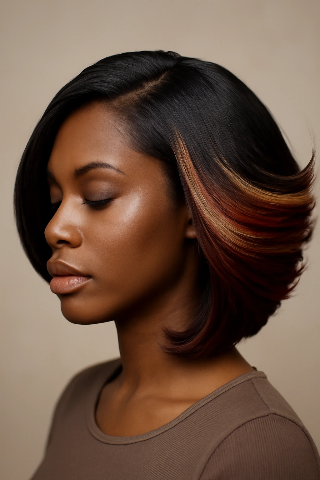Close-up of a hairstyle showing hidden color beneath the top layer, with blonde and burgundy peeking as the flip moves