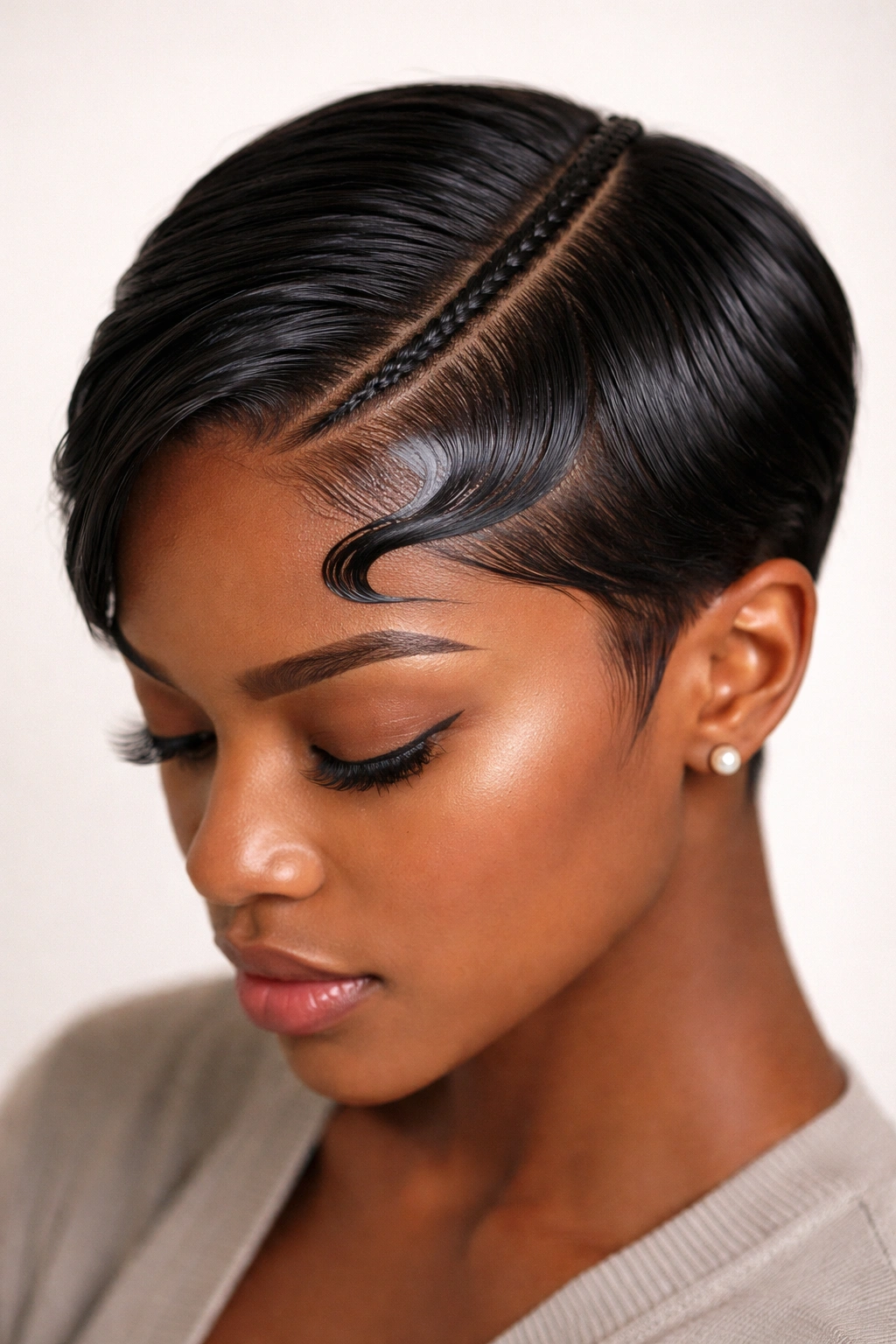 Ultra-thin pencil braid with a bold gel swoop at hairline.