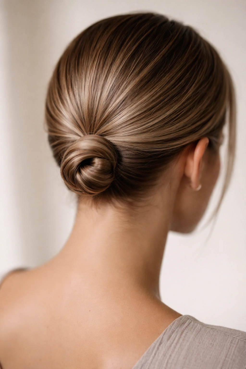 Sleek pencil bun at the nape of the neck on short hair