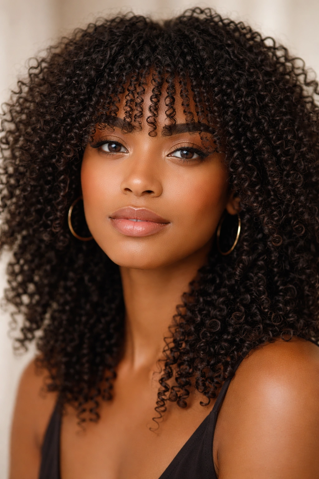 Ultra-tight curls with pencil-thin fringe highlighting curl texture