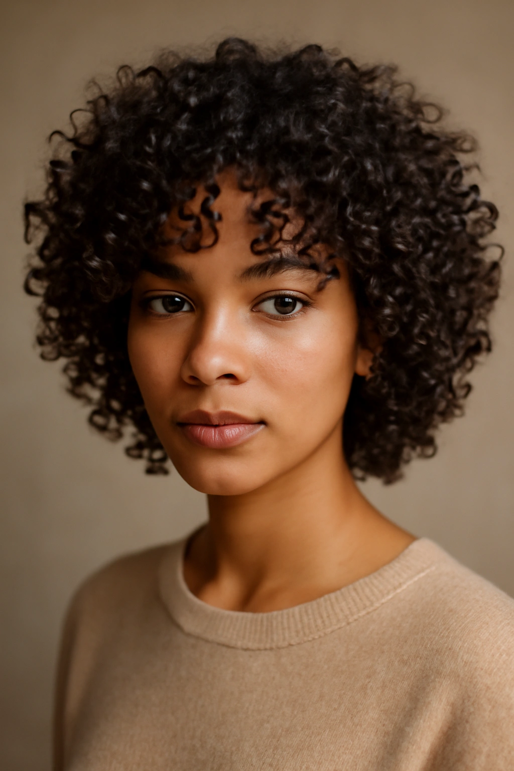 Close-up of perm-layered cut on 3C curls with defined texture under studio light