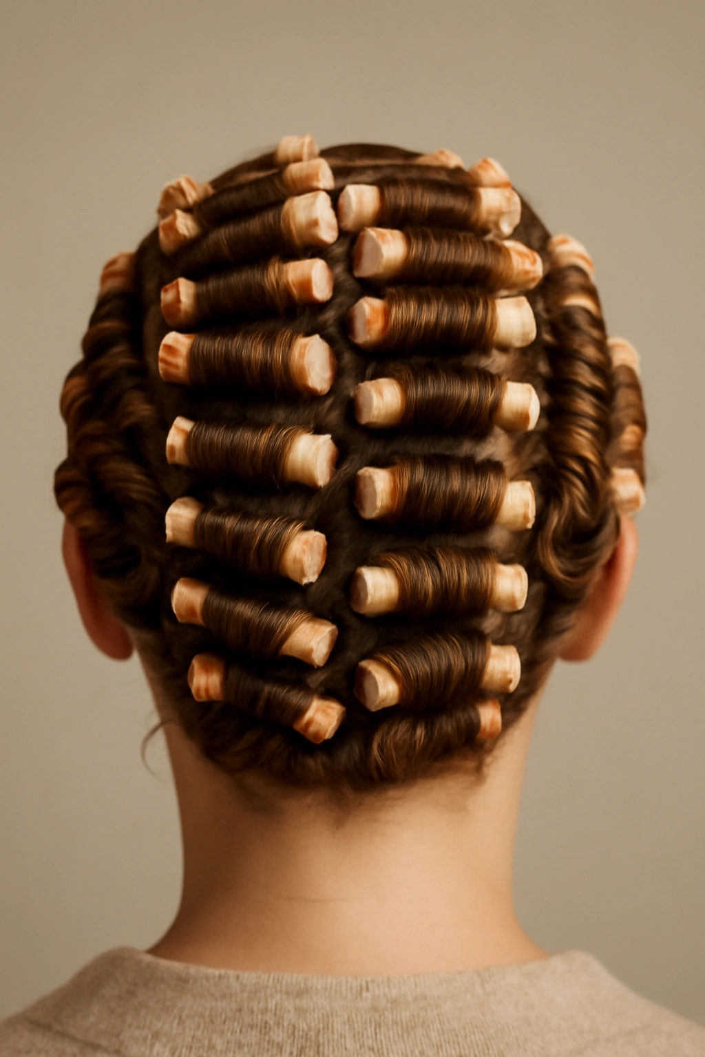 Top view of head with small perm rods forming vintage curls