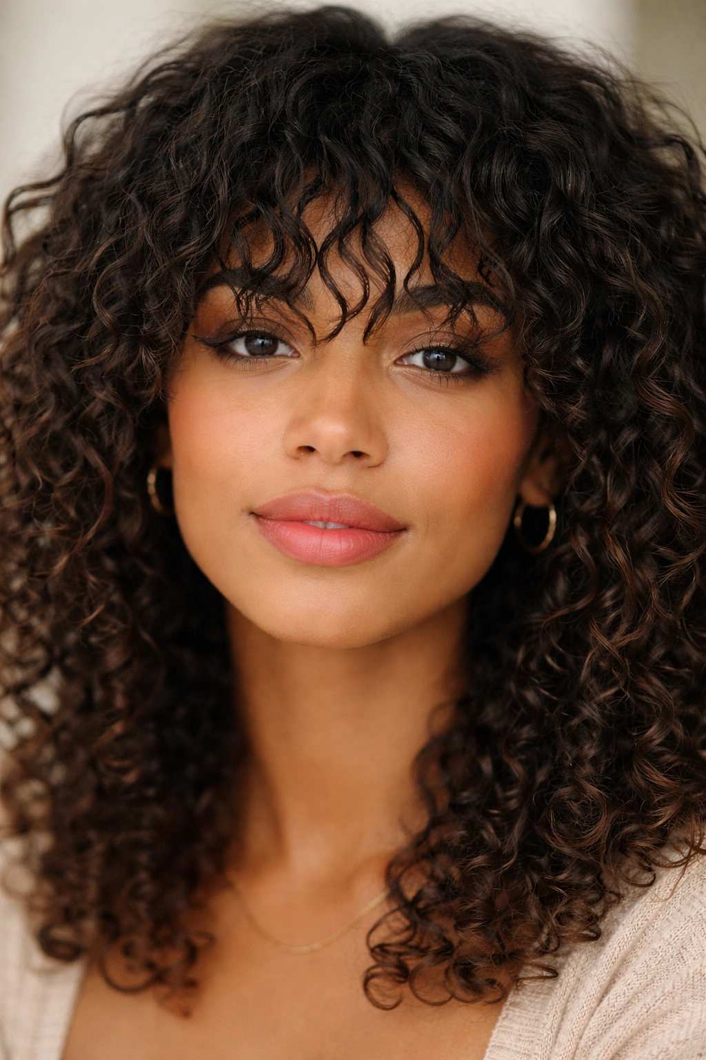 Close-up of piece-y bangs with varied lengths on curly fringe.