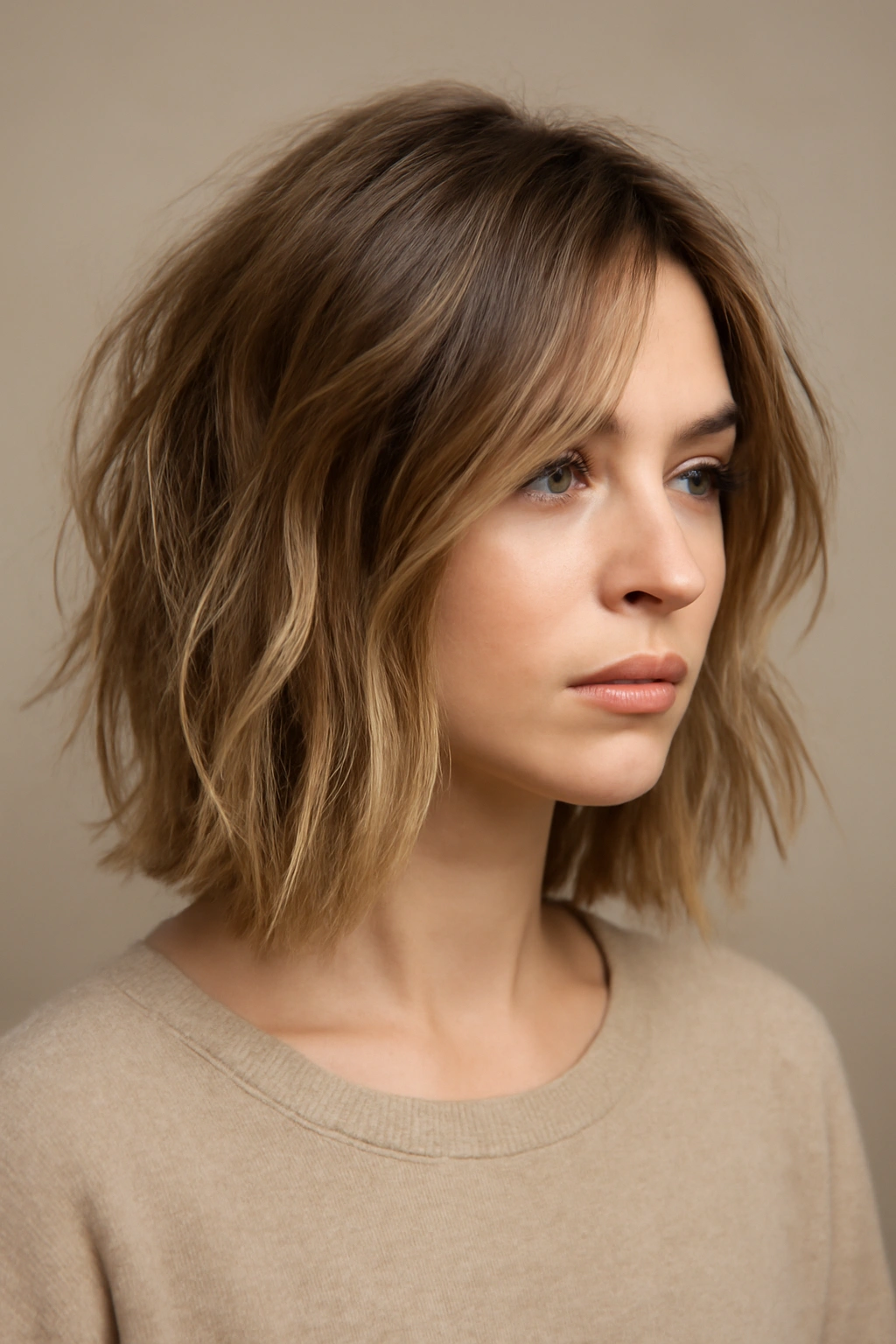 Close-up of piece-y lob with disconnected layers for an undone look.