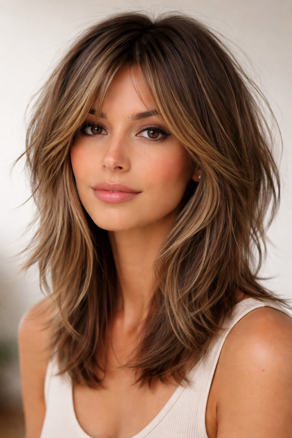 Shoulder-length hair with piece-y texture and face-framing layers showing cheekbone emphasis