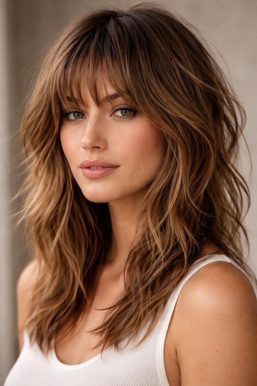 Close-up of piece-y bangs with shaggy layers showing textured, movable hair.