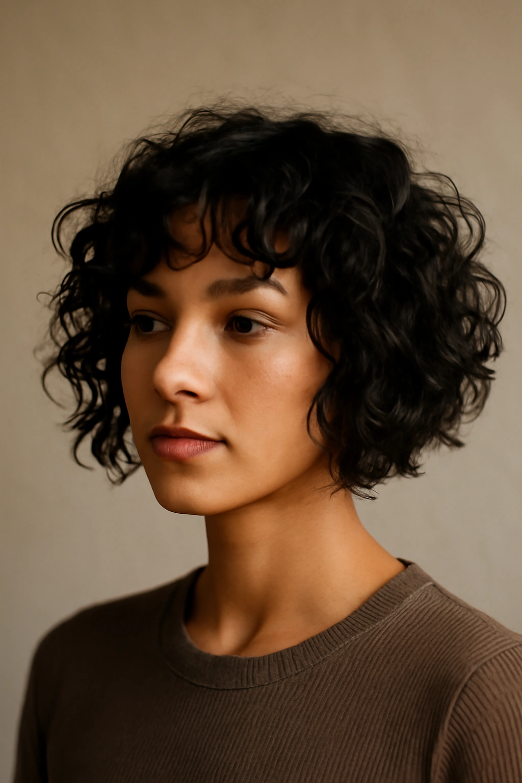 Head-and-shoulders shot of a piecey choppy curl bob with distinct curls.