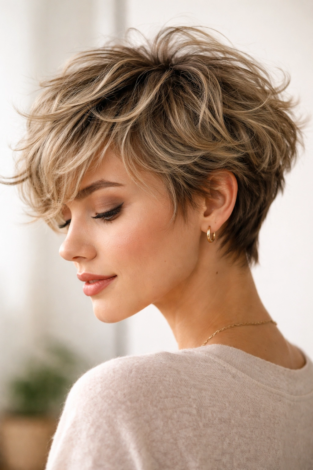 Short cut with distinct piece-y layers and natural waves