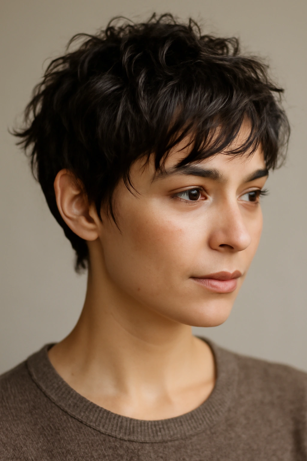 Piece-y textured pixie with disconnected razor-cut pieces
