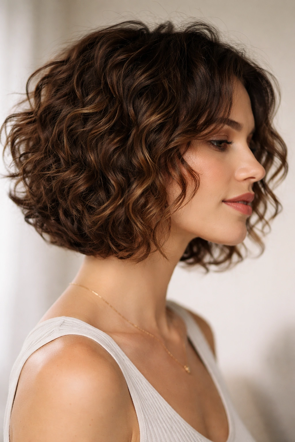 Close-up of a medium-length curly bob with choppy piece-y layers highlighting texture in studio lighting.