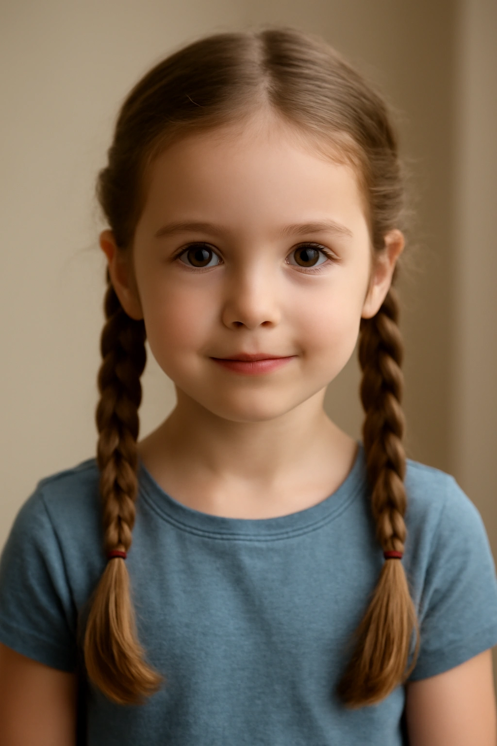 Front view of a child with two neat pigtail braids