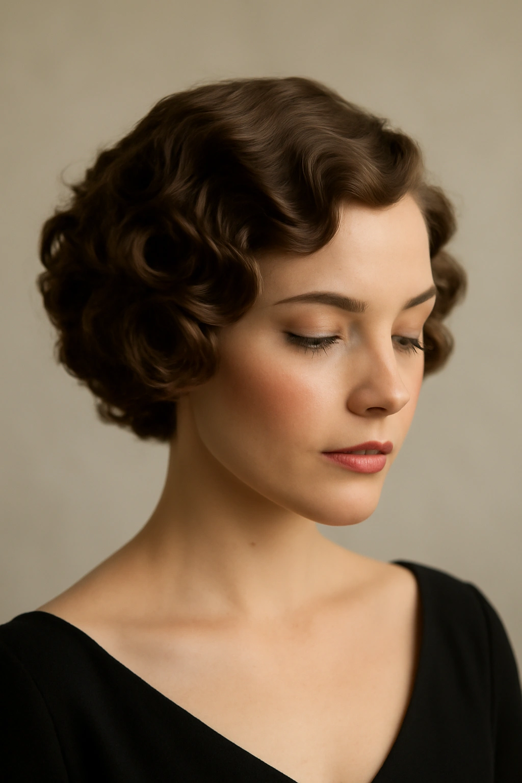 Close-up of short hair with soft pin curls creating vintage waves