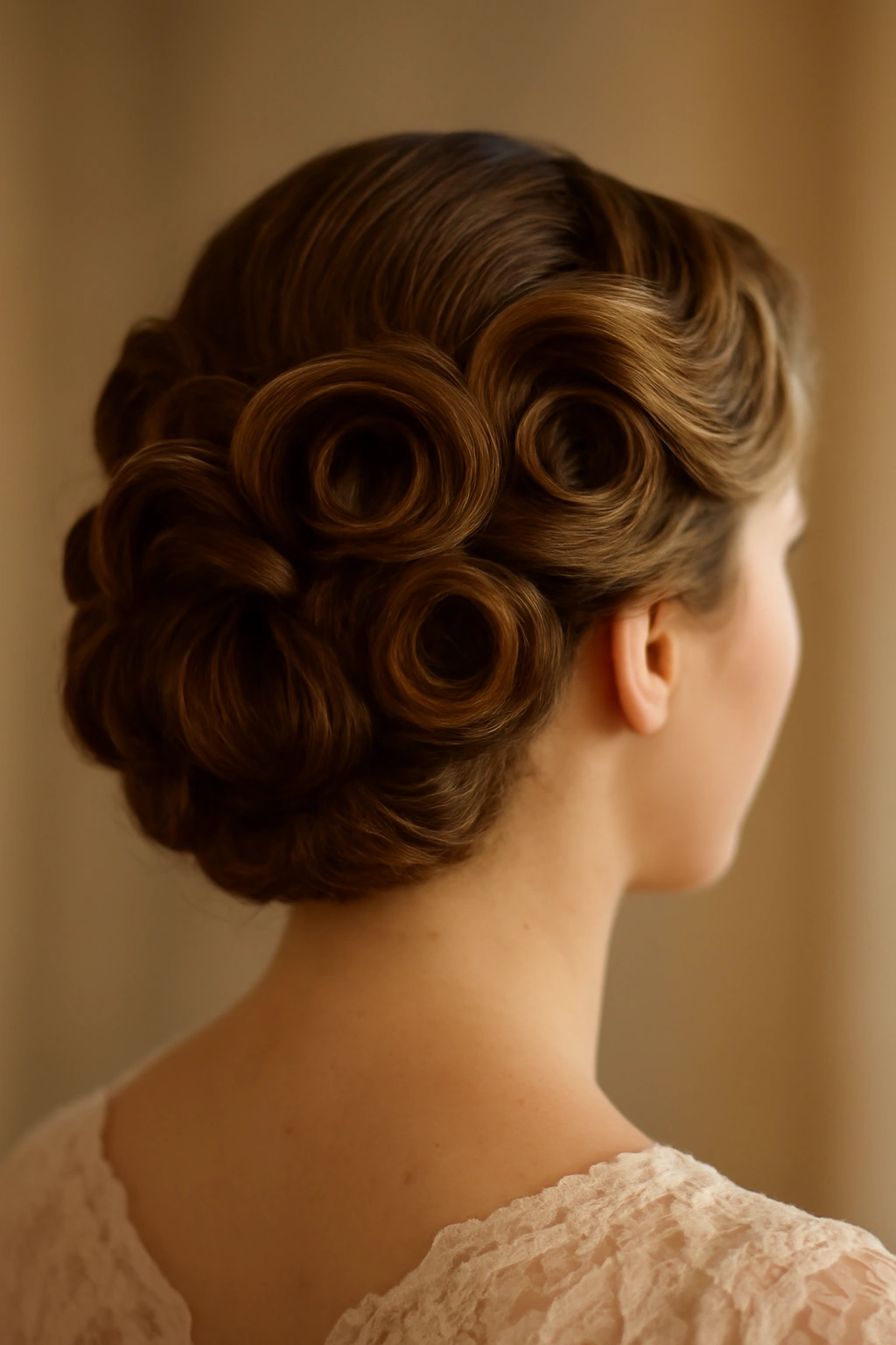 Vintage pin curls rolled into a sophisticated updo
