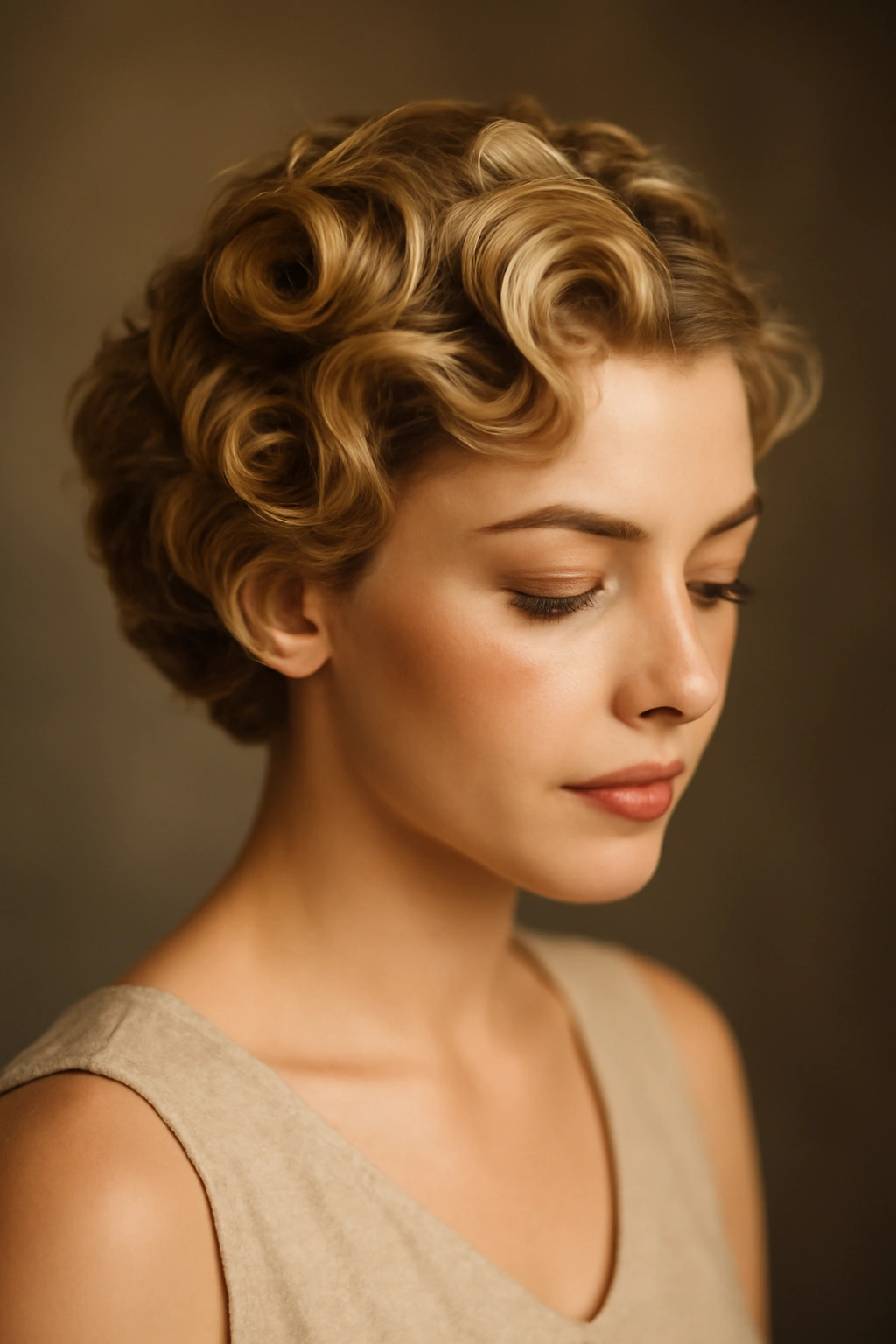 Close-up of short hair styled in pin curls released into soft vintage waves.