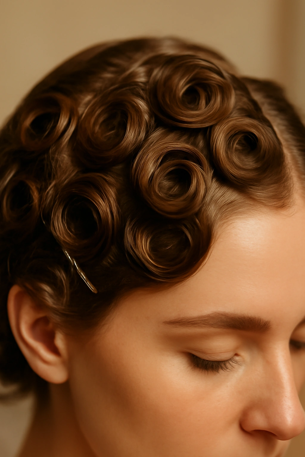 Close-up of tiny pin curls pinned to the scalp forming vintage glamorous waves