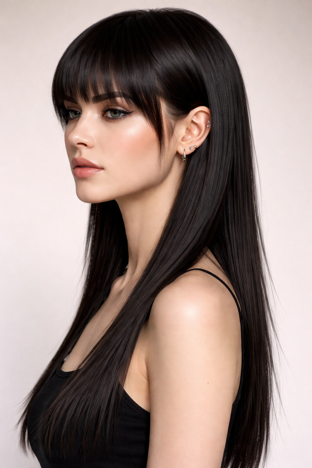 Portrait of pin-straight mullet shag with blunt front and long straight back