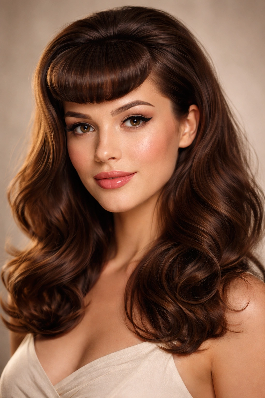 Voluminous vintage pin-up bangs with curved shape and waves in hair