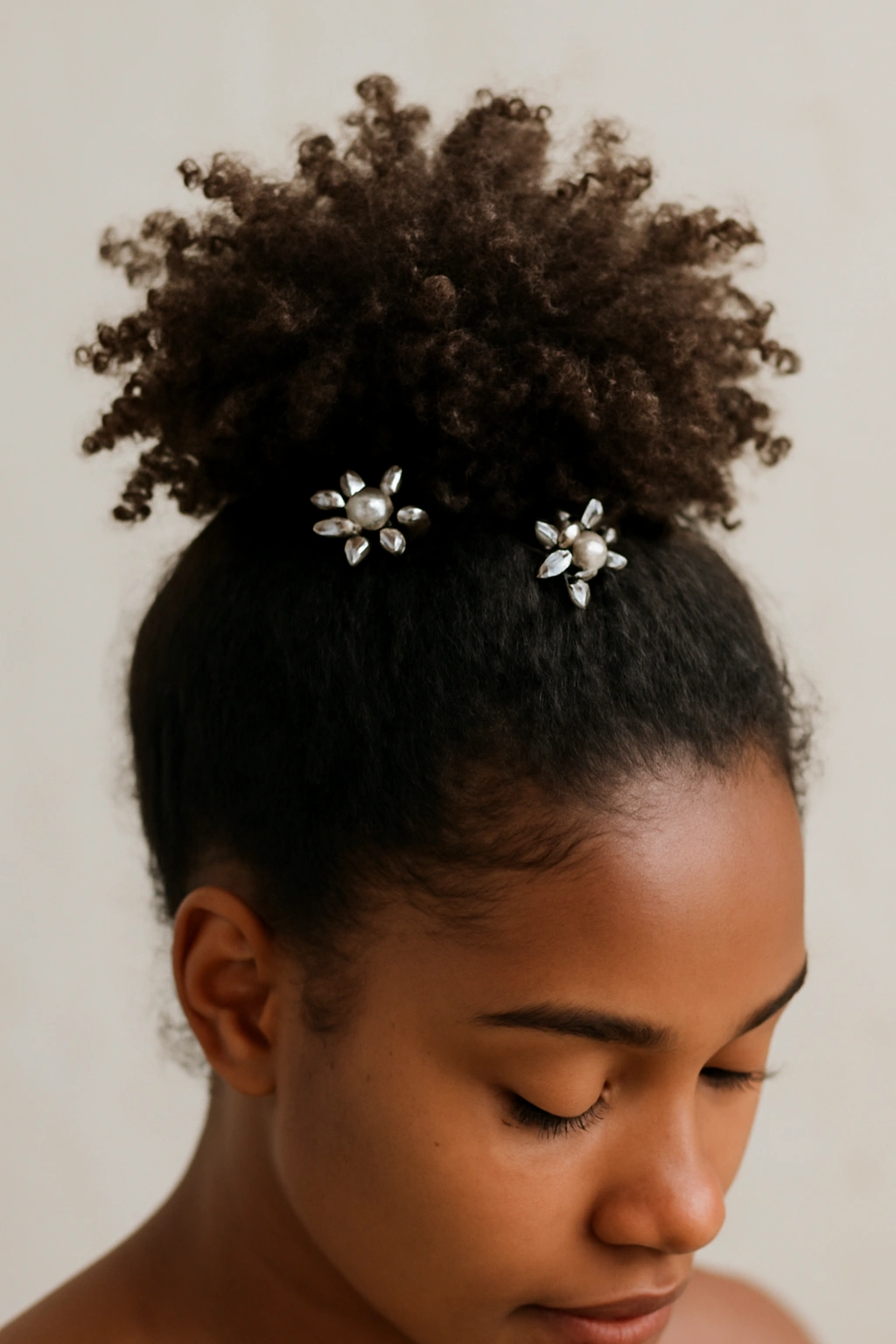 High pineapple bun with curls fanned outward and decorative pins.