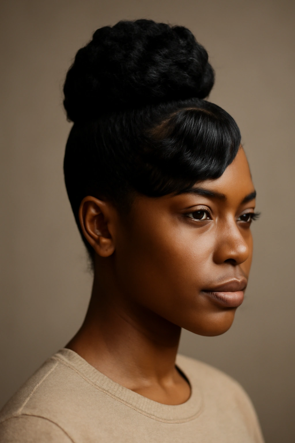 Close-up of a classic high pineapple with side sweep hairstyle showing off-center placement and wave texture