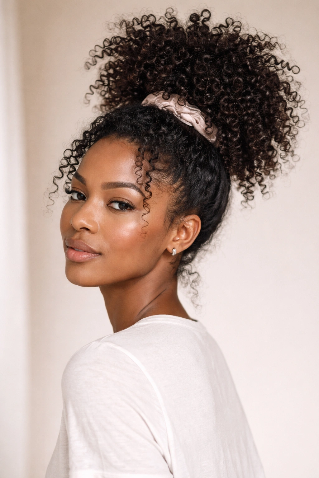 High loose pineapple ponytail showing crown lift and curls.