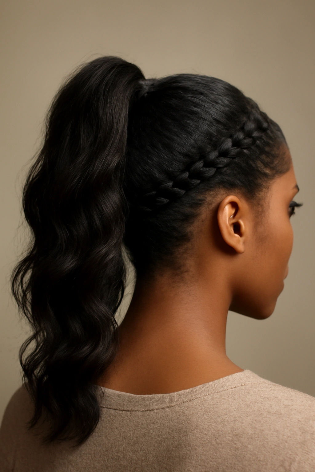 Close-up of a high pineapple ponytail with a braided crown showing texture and shine
