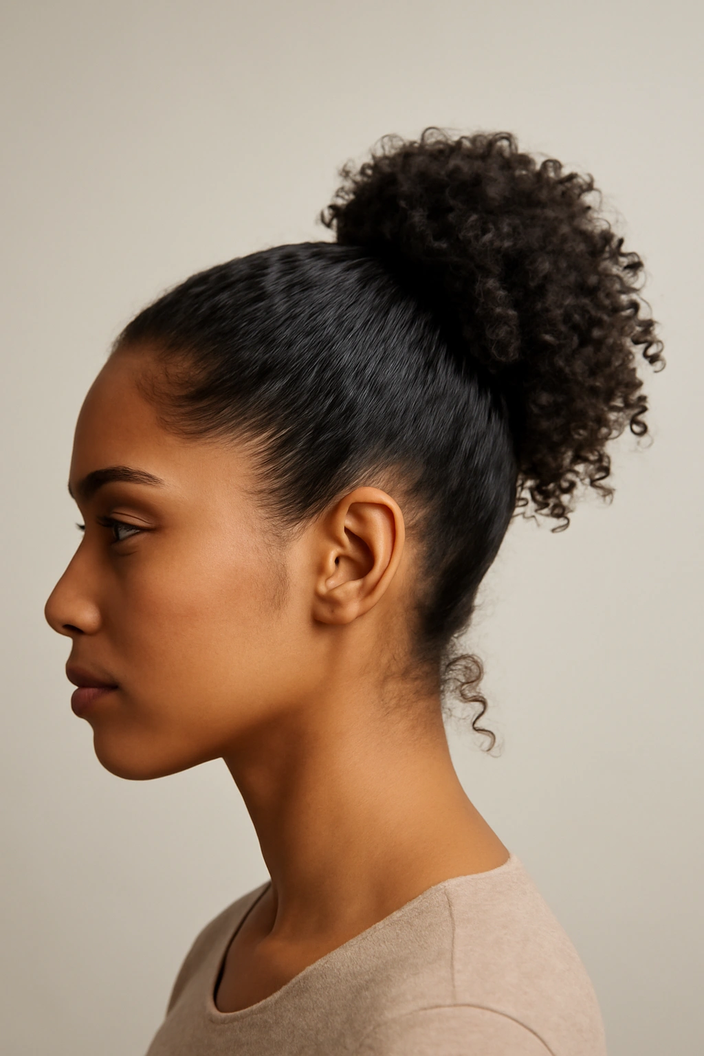 Close-up of high pineapple ponytail on short curly hair