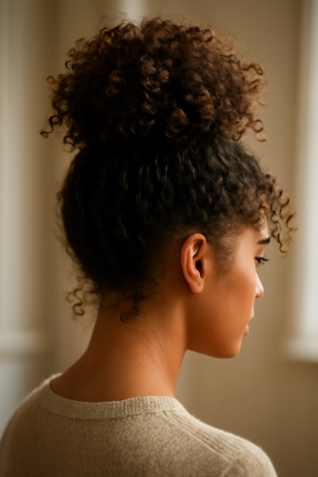 Back/side view of a pineapple updo with curls piled high on the crown