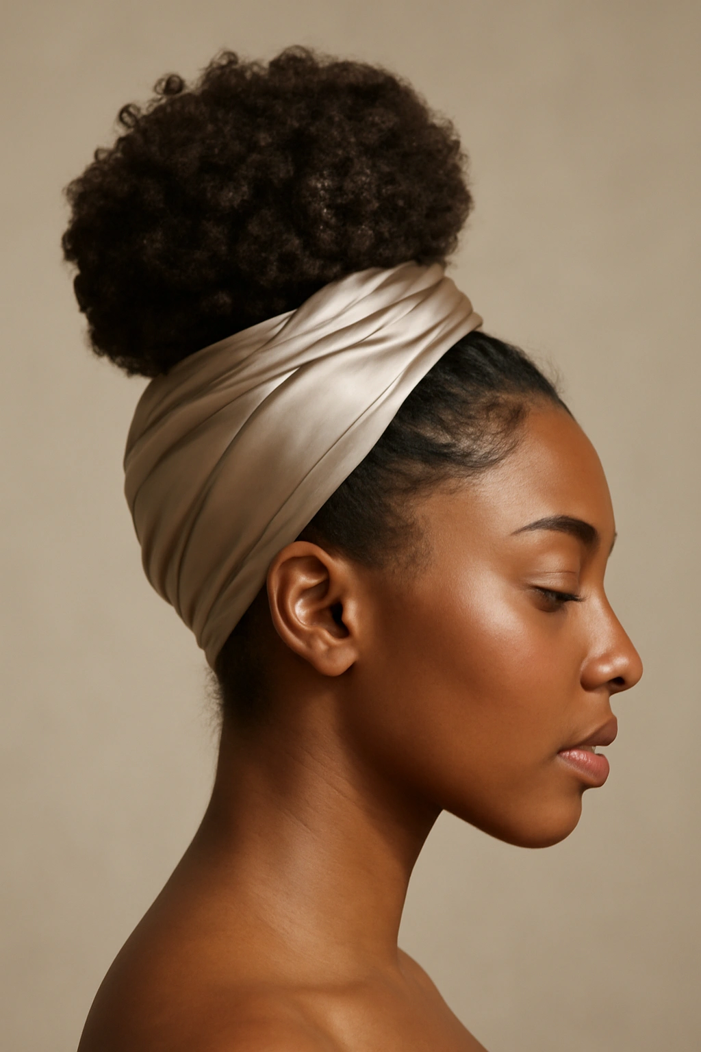 Pineapple updo wrapped with silk showing a polished protective style