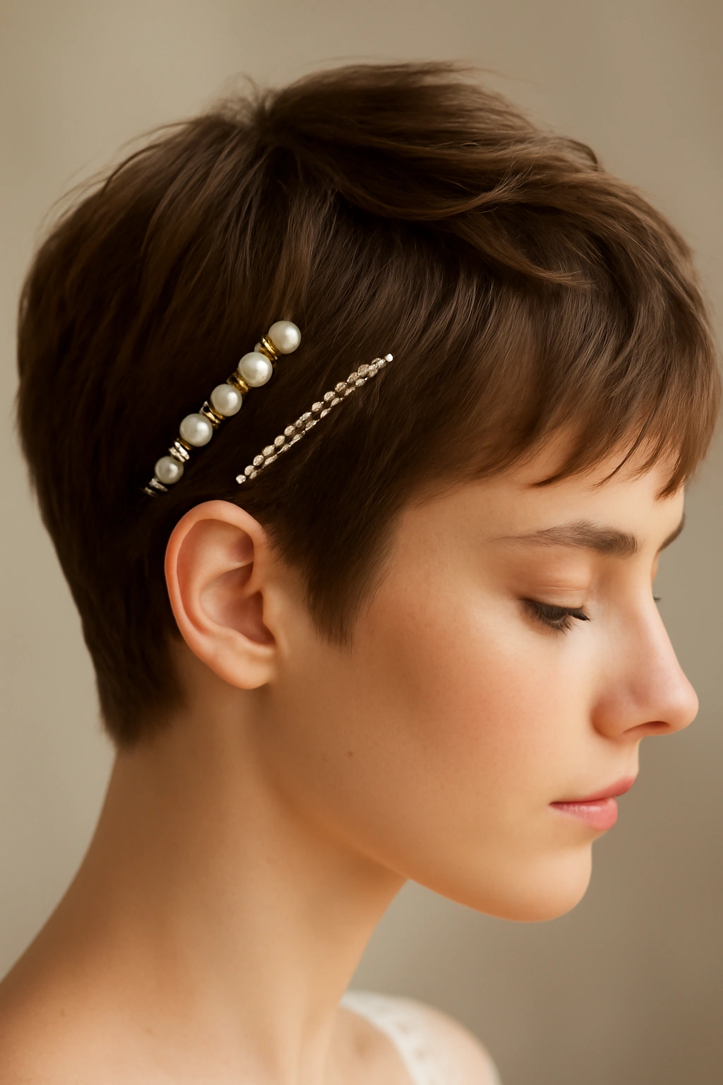 Pixie hairstyle with pearl clips and metallic comb