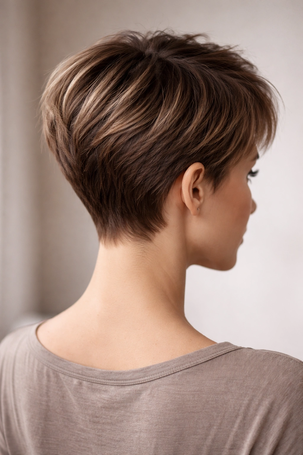 Back view of a classic pixie cut with tapered nape and textured crown.